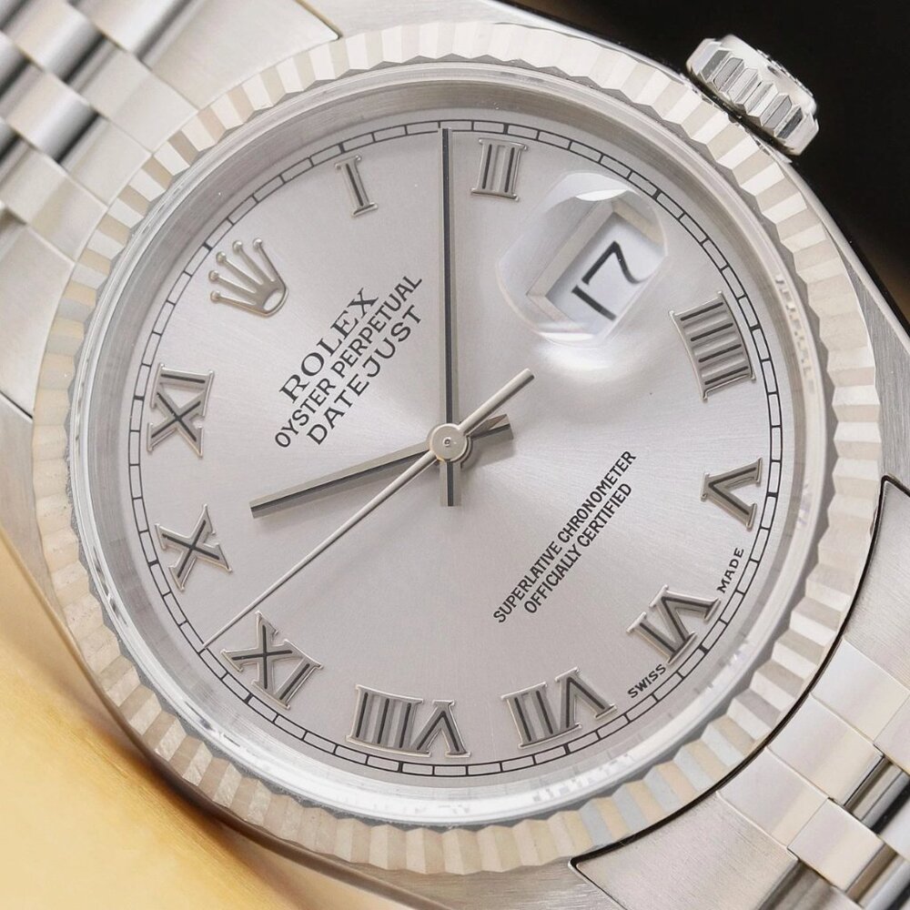 ROLEX MENS DATEJUST SILVER ROMAN DIAL 18K WHITE GOLD STAINLESS STEEL WATCH